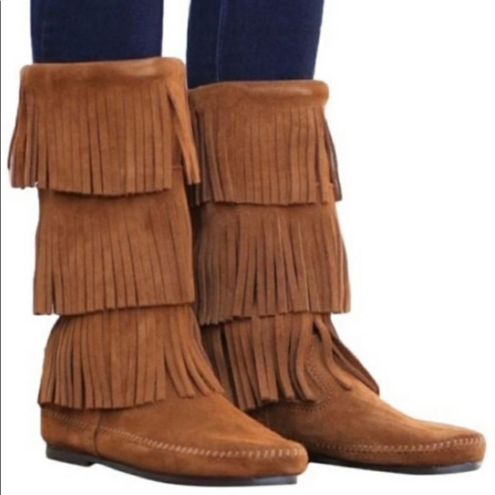 nwot Minnetonka suede moccasin layered fringe calf high boots Size 6